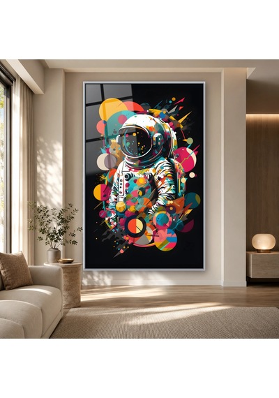 Renkli Dairelerle Astronot Gümüş Çerçeveli Cam Tablo