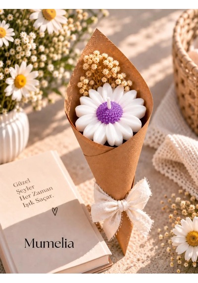 Mumelia Papatya Buket - Doğal Soya Hediyelik Mum - Mor - 15