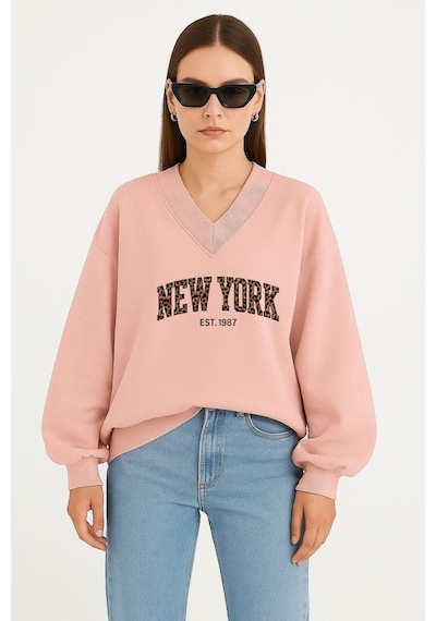Benroma New York Baskılı Ünisex V Yaka Sweatshirt Pembe