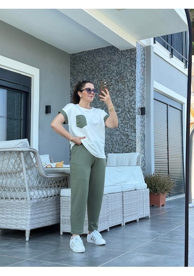Moderie Butik Kadın Kristal Kumaş Garnili Cep Detaylı Ikili Takım Yeşil