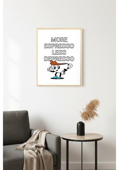 Doğal Ahşap Çerçeveli Retro Kahve Tablo - Espresso Depresyon Temalı Huhu2294