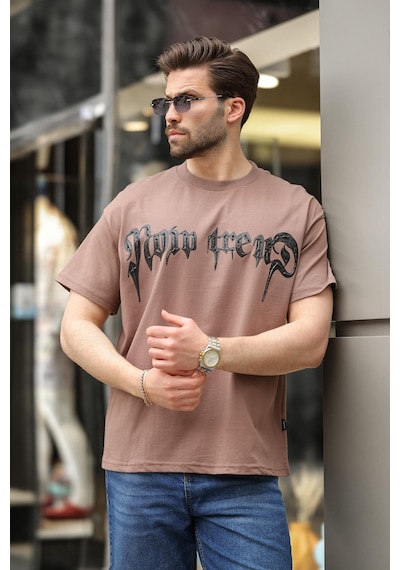 Madmext Kahverengi Baskılı %100 Pamuk Erkek T-shirt E7141 Kahverengi