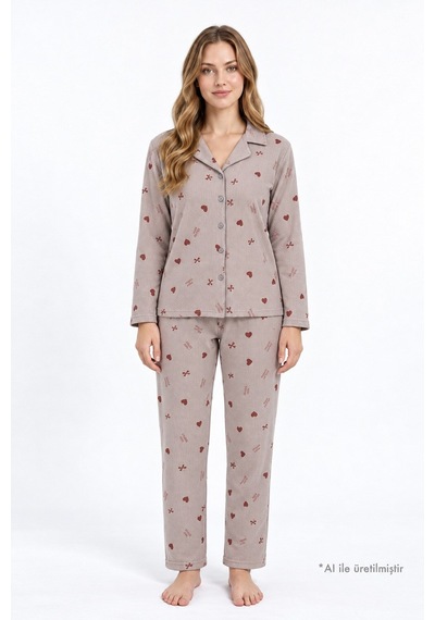Cottonill Vizon Desenli Waffle Dokulu Gömlek Yaka Düğmeli Uzun Kollu Kadın Pijama Takımı Cottonill Vizon Desenli Waffle Dokulu Gömlek Yaka Düğmeli Uzun Kollu Kadın Pijama Takımı