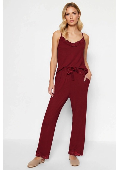 Benerly Kadın V Yaka İnce Askılı Regular Kalıp Örme Pijama Takımı Fonksiy Koyu Bordo