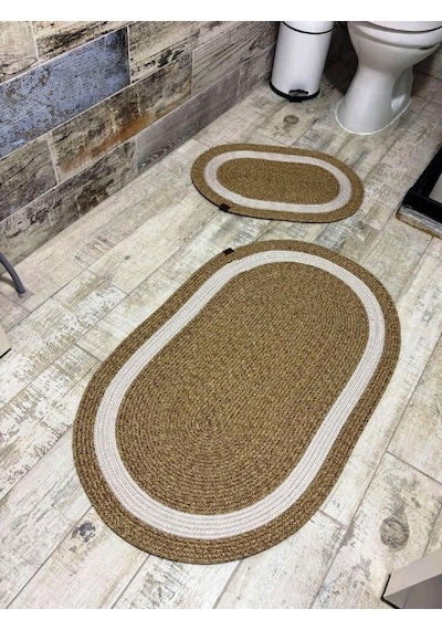 Jüt Hasır 2li Banyo Paspas Takımı-bej Ortası Beyaz Bej