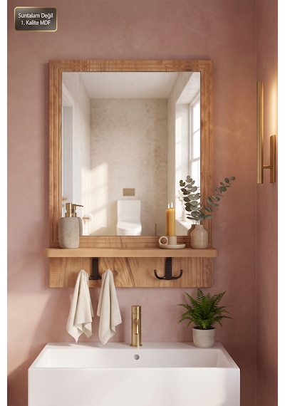 Antik Ahşap Dekoratif Ayna Raflı Askılıklı Banyo Oda Lavabo Wc Dresuar Koridor Konsol Mutfak Makyaj Aynası Desenli Antik Çam