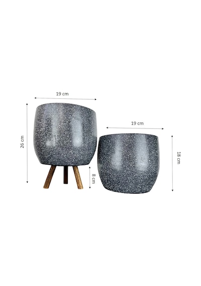 Bitki Tasarımı Ev Dekorasyon Aksesuar Gri Granit Toprak Saksı Saksılık Salon Çiçeklik İkili Set Ayaksız - 3 Ayaklı- 19 Cm