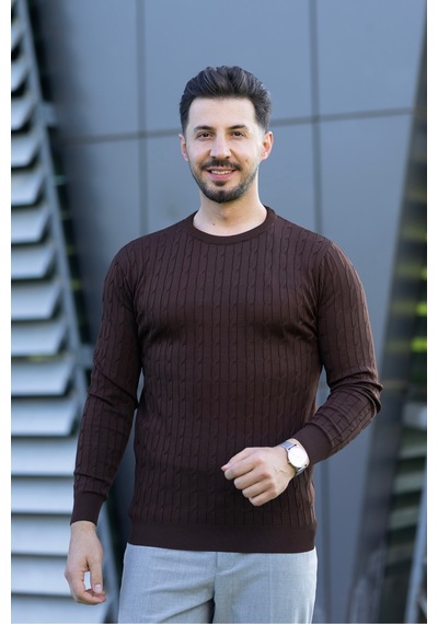 Hk Premium Triko Kazak Fitilli Slim Fit Bisiklet Yaka Likralı Kışlık Sweatshirt Kahverengi Hk Premium Triko Kazak Fitilli Slim Fit Bisiklet Yaka Likralı Kışlık Sweatshirt Kahverengi