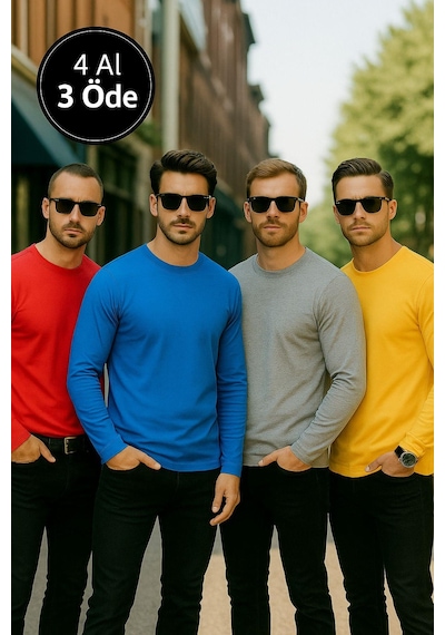Rich Erkek Sarı-mavi-kırmızı-gri Melanj 4'lü Paket Basic Uzun Kollu Tişört Body T-shirt Çok Renkli
