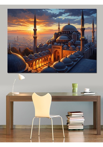 Ahşap Tablo Gece Işıklarında İstanbul Camii Manzarası