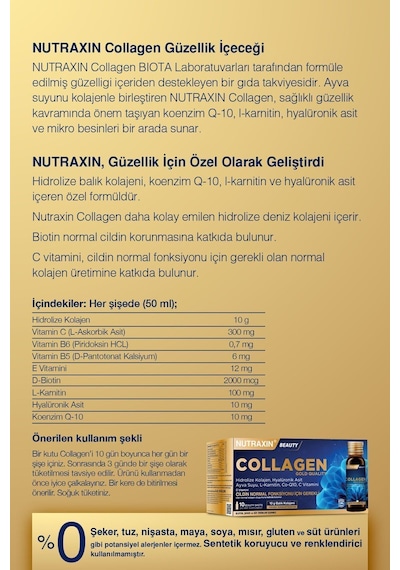 Nutraxin Collagen Gold Quality 10x50 Ml Marin Kolajen, Q10, Biotin, Hyalüronik asit