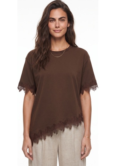 Onloox Kadın Kahverengi Kahverengi Pamuklu Bisiklet Yaka Oversize Asimetrik Kesim Dantel Detaylı Kısa Kollu T-shirt