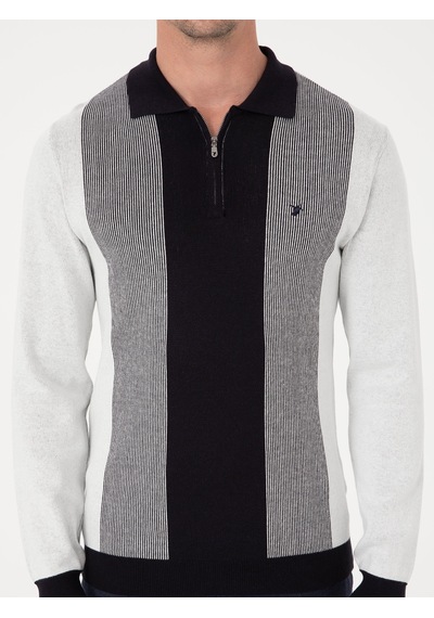 Cacharel Lacivert Slim Fit Pamuk Karışımlı Fermuarlı Polo Yaka Triko Kazak