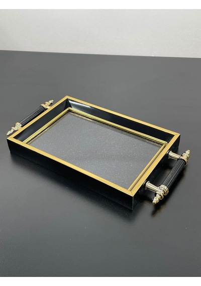 Lüks Gold Detaylı Simli Sunum Tepsisi Yaldızlı Tepsi 32 17cm