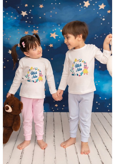 Pia Baby İsme Özel Kız Çocuk Pijama Takımı %100 Pamuk Penye İsim Baskılı Kişiye Özel Çocuk Pijaması 20013p14pi Krem