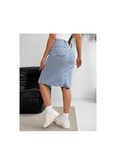 Kene Jeans Yüksek Bel Ön Fermuar Detaylı Kot Etek Taş