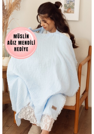 Zeypba %100 Pamuk 4 Katlı Müslin Emzirme Örtüsü & Puset Örtüsü Püsküllü 85x110 CM Bebe Mavi