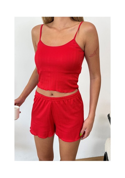 Giysa Kadın Askılı Kaplı Şortlu Pijama Takımı Kırmızı - 3403