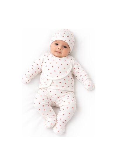 Baby Shez %100 Pamuklu Fitilli 5 Parça Yenidoğan Hastane Çıkışı Kalpli Zıbın Set Krem