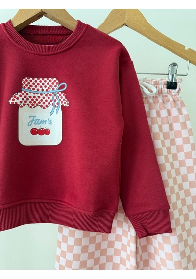 Magu Kız Çocuk Pamuklu Baskılı Bordo Sweatshirt Ve Eşofman Takımı Çok Renkli