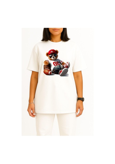 Bahriyeli Collection Oversize Havalı Teddy Ayıcık Göğüs Tasarımlı Unisex T-shirt Beyaz
