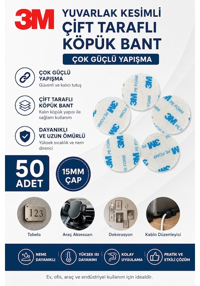 50 Adet 3m Yuvarlak Kesimli Çok Güçlü Çift Taraflı Köpük Bant Çap: 15mm