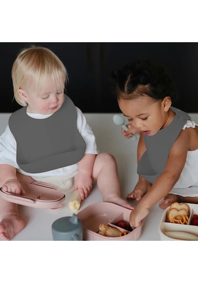 Meleni Baby Mega Boy Silikon Mama Önlüğü Çift Kilitli Ayarlanabilir Bebek Mama Önlüğü Antrasit Çok Renkli