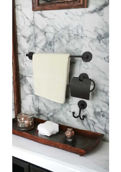 Yapışkanlı Banyo Düzenleyici Seti Havluluk, Tuvalet Kağıtlığı, Bornozluk Siyah