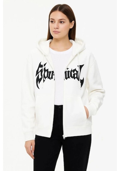 Freedom Store Kadın Kapüşonlu 3 İplik Pamuklu Önü Baskılı Fermuarlı Oversize Hoodie Sweatshirt - Beyaz