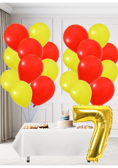 7 Yaş Sarı Kırmızı Taraftar Temalı Doğum Günü Seti Sarı Kırmızı Balonlar Altın Folyo Rakam Sarı