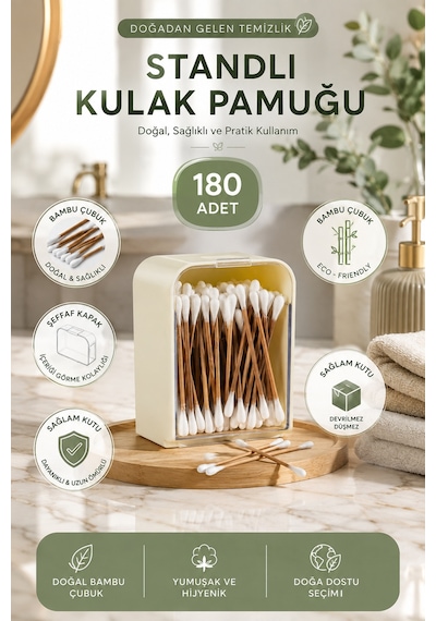 Porsima 3135 Doğal Ahşap Bambu Saplı Standlı Kulak Temizleme Çubuğu Seti- 180 Adet Renkli