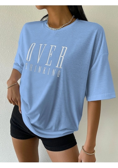 Over Thinking T-shirt - Bebe Mavisi Baskılı Oversize Bisiklet Yaka Kısa Kol Tişört Bebe Mavisi Over Thinking T-shirt - Bebe Mavisi Baskılı Oversize Bisiklet Yaka Kısa Kol Tişört Bebe Mavisi