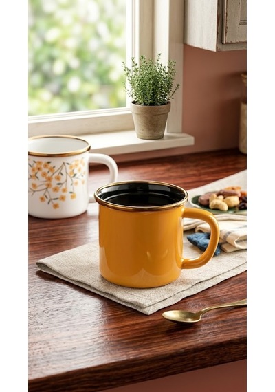Emaye Kupa Bardak 550 Ml Hardal Sarısı - Mug Beyaz