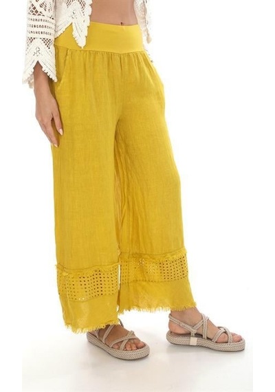 Eren Style İtalyan Fisto Detaylı Keten Pantolon-9186 Sarı