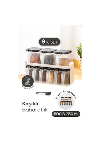 Vienev 9'lu Beyaz Standlı Kaşıklı Etiketli Kendinden Yapışkanlı Baharatlık Seti Beyaz Beyaz