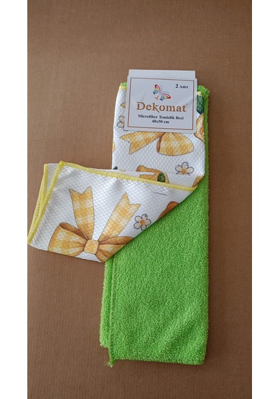 Microfiber Temizlik Bezi 40x50 Cm 2 Adet Hediye Kuşaklı Bir Adet Baskılı Bir Adet Naturel Yeşil