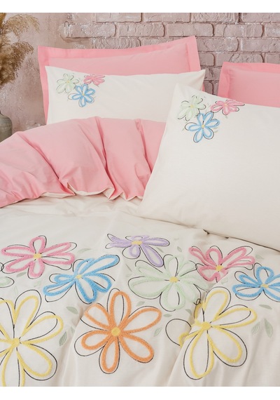 Cotton Box Puff Nakışlı Çift Kişilik Nevresim Takımı Bellis Pembe Pembe