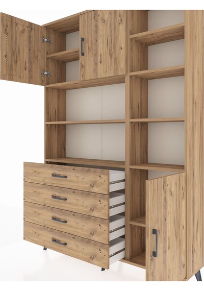 Arges Dolap 9 Raflı 4 Çekmeceli 3 Kapaklı 132x30x195 Çam-çam/çam Çam