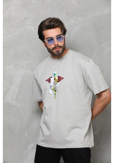 Barlashive Erkek Baskılı T-shirt Kısa Kol Bisiklet Yaka Regular Fit Rahat Kalıp Tişört - Gri Çok Renkli