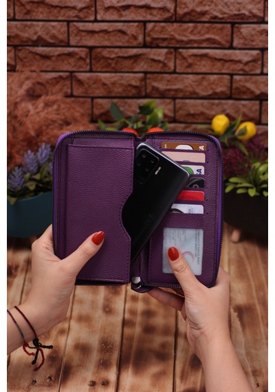 Özka Leather Mürdüm Telefon Bölmeli Unisex Deri Uzun Kartlık Cüzdan Portföy Siyah
