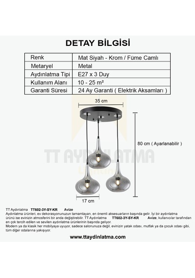 Tt602-3y-sy-kr Tt Ayd. Mat Siyah - Krom 3 Lü Hunili Tombul Avize Siyah - Krom