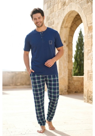 Mataş Erkek Lacivert Viskon Karışımlı Kısa Kollu Yazlık Soft Örme Pijama Takımı
