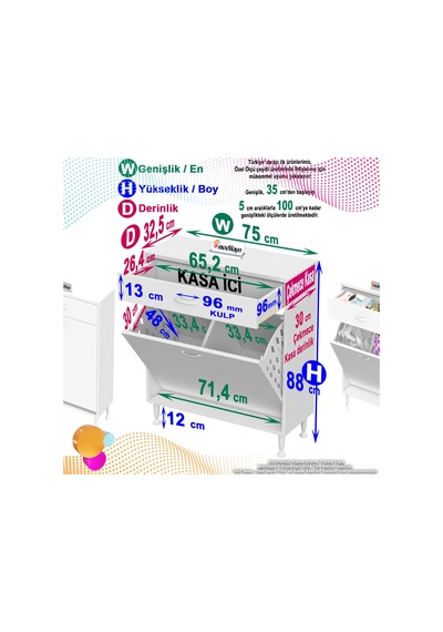 Eliusta Asil 75 Cm Kirli Çamaşır Sepetli Banyo Dolabı 1 Çekmeceli Mutfak Çok Amaçlı Dolap 75x88x32,5 Cm Beyaz