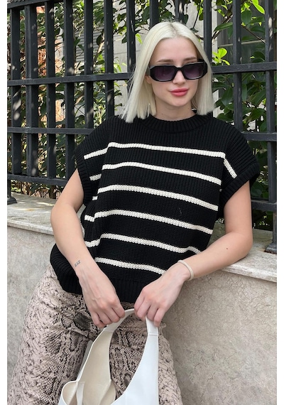 Madmext Siyah Çizgili Triko Süveter Mg2159