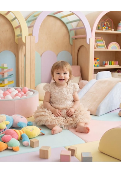 Jolin Kids Kız Bebek Gül Detaylı Kat Kat Tül Abiye Elbise Ekru 9-36 Ay Ekru