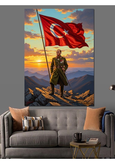 Türk Bayrağı Ve Atatürk Silüeti Dekoratif Kanvas - Mdf Ahşap Tablo