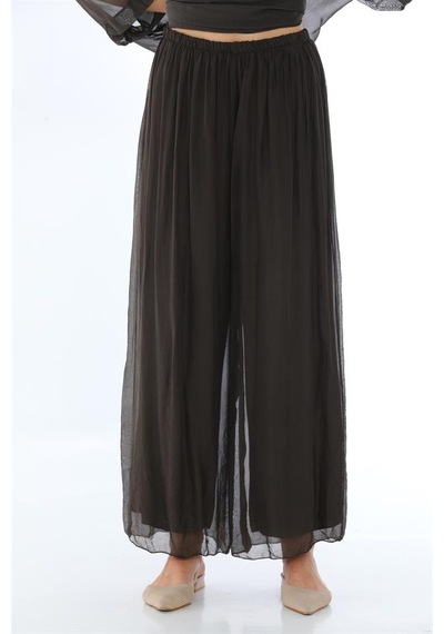 Bohem Stil İtalyan Yarasa Kol İpek Bluz & Pantolon Takım-8767 Kahverengi