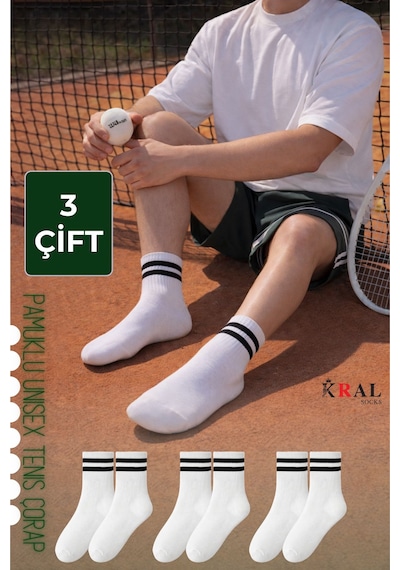 Kral Socks Erkek Kadın 3 Çift Çizgili Kolej Tenis Çorabı Pamuklu Terletmez Çorap Beyaz