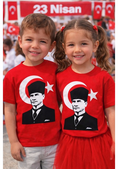 Herşeynota Unisex Çocuk Atatürk Baskılı Tişört Kırmızı 23 Nisan Okul Gösterisi 3-14 Yaş