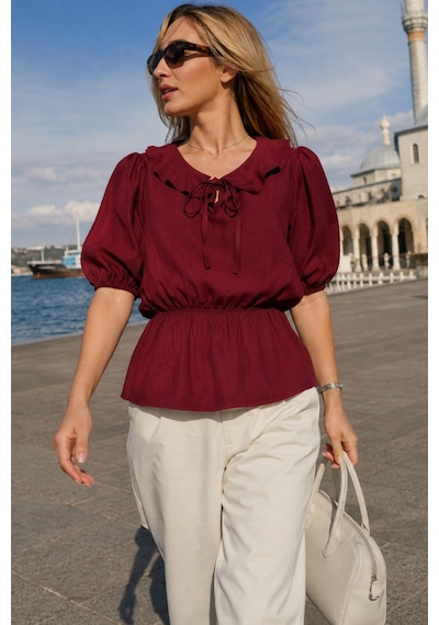 Armonika Kadın Bordo Bebe Yaka Beli Ve Kolları Lastikli Bluz Arm-26y001101